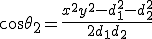 \cos \theta_2 = \frac{ x^2 + y^2 - d_1^2 - d_2^2 } { 2 d_1 d_2 }